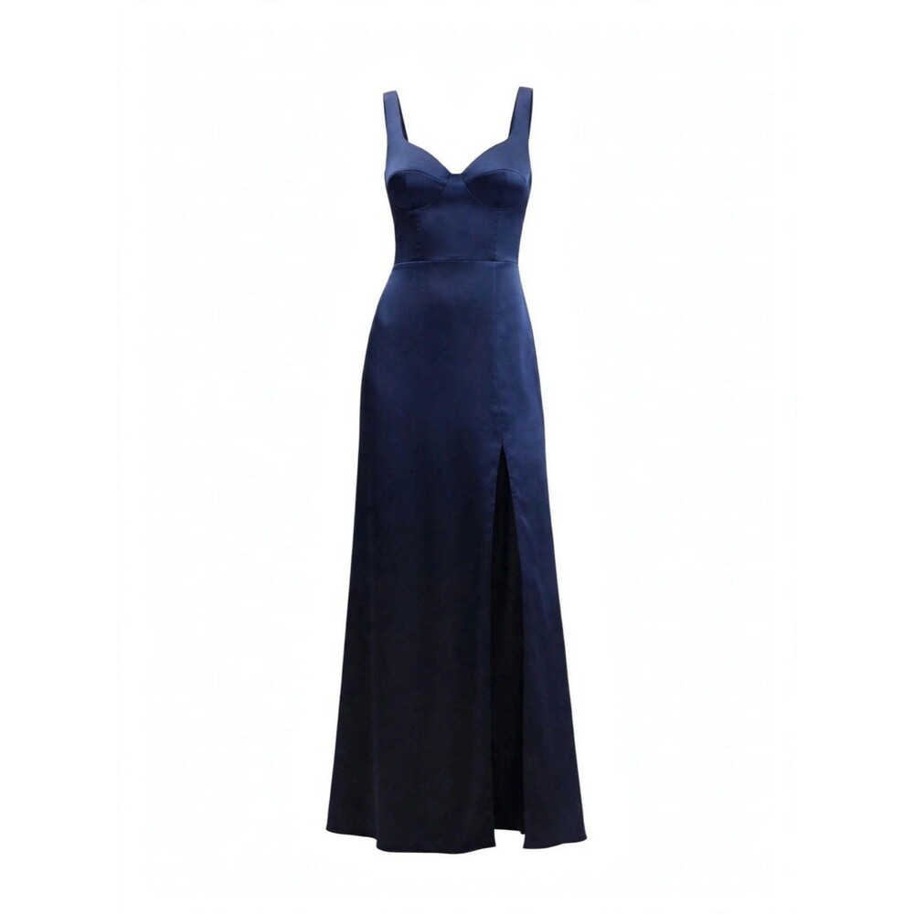 Azazie A6 Navy Satin Sweetheart V-Neck Bustier Slit Maxi Formal